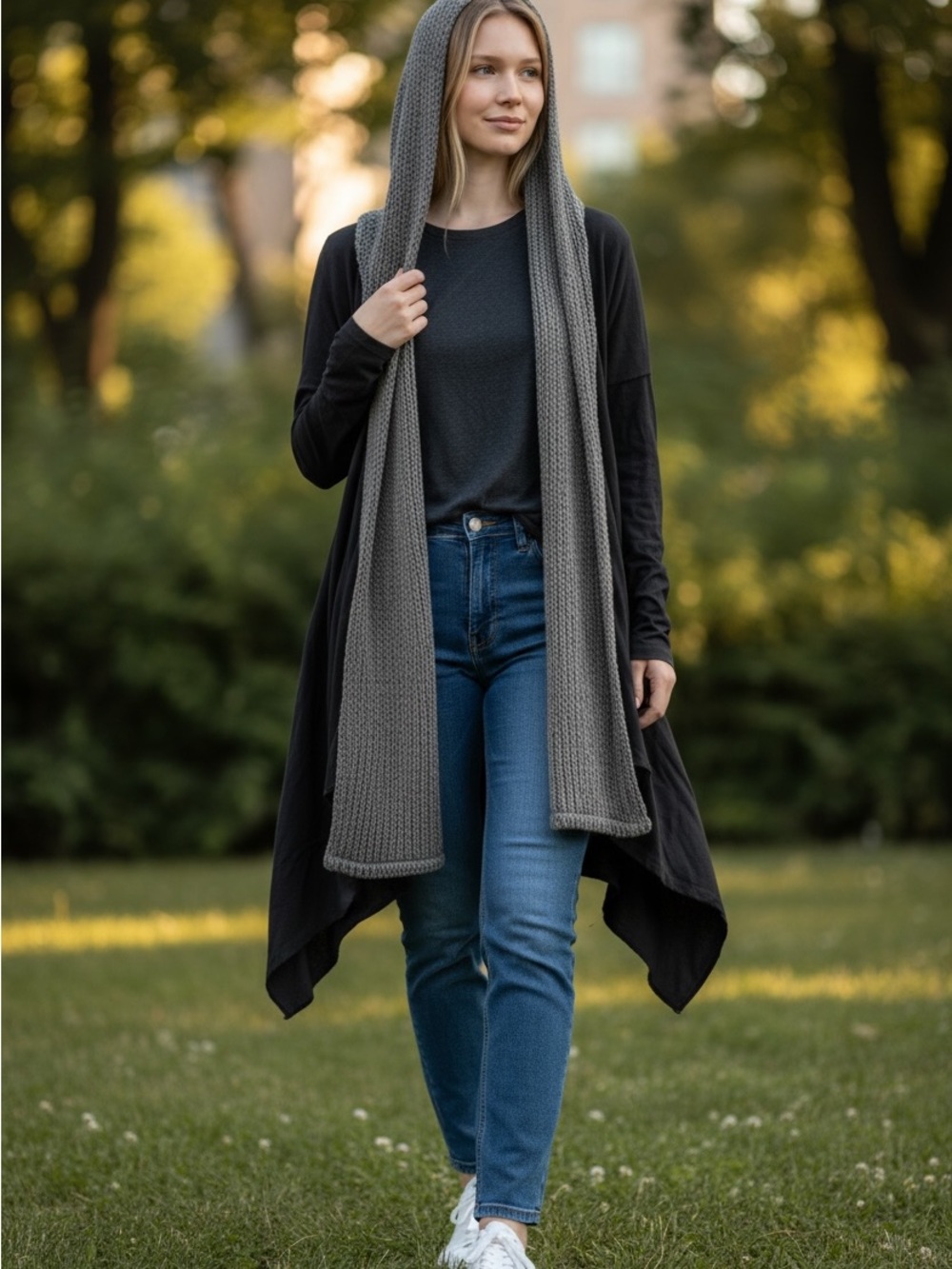 evy's tree Hooded Open-Front Cardigan with Knit Hood & Scarf - Black & Gray